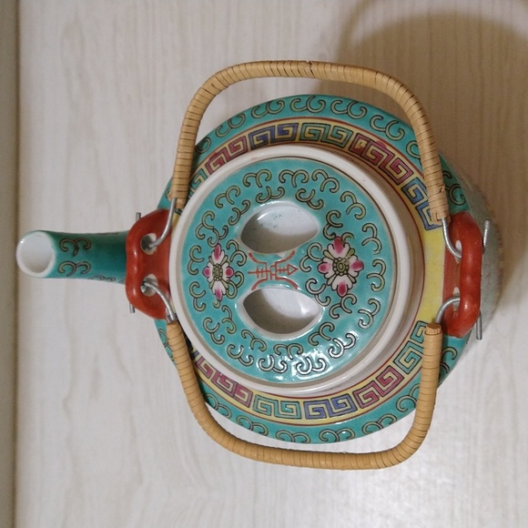 Vintage 1960's Porcelain Chinese Mun Shou Longevity Teal Blue Tea Pot - Picture 5 of 7